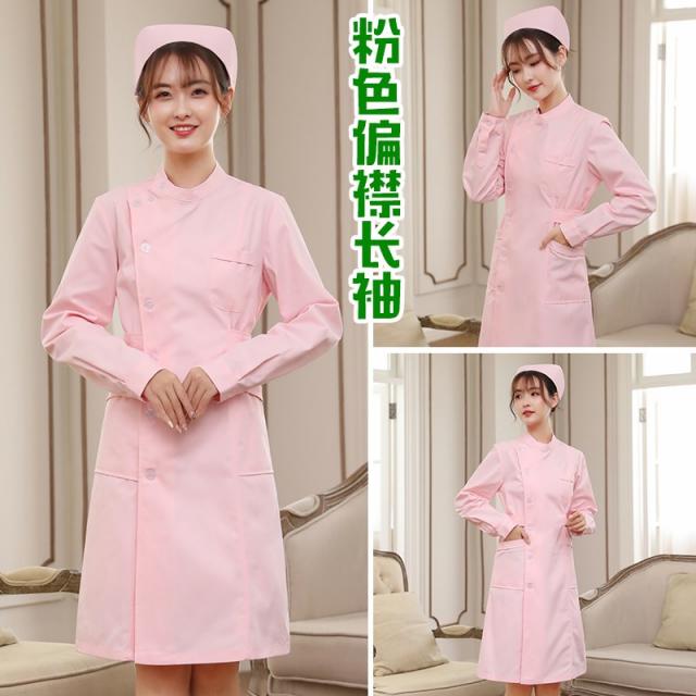 랜덤하우스 여름반팔티세트 핑크 간호사가운 긴 소매 여성 라운드넥 화이트 가운을 입고 있다 스탠딩카라 플랫카라