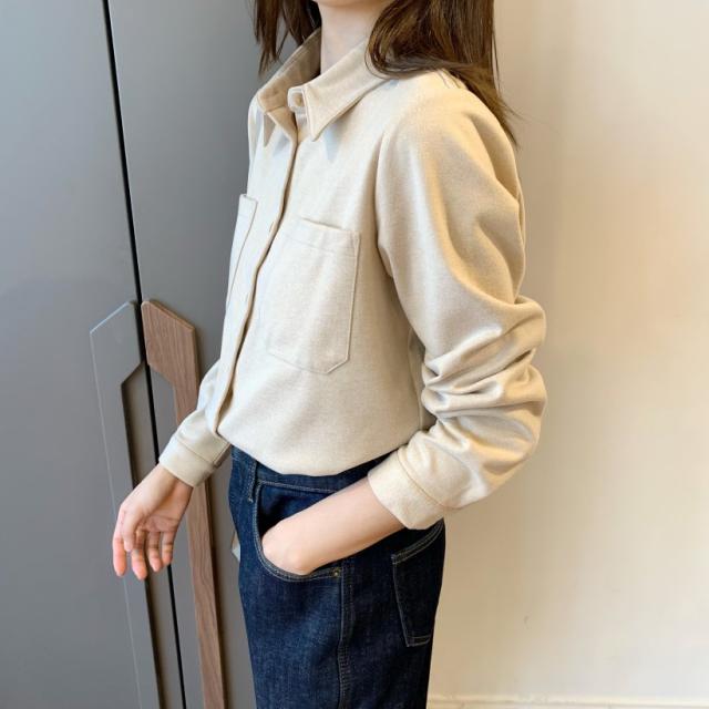 긴소매 셔츠 THEWOW 포근함 밀크 티 계정하다 방적함 두꺼운 기모 캐쥬얼 레이어드 겹쳐 입고 있다 우아한 카라넥