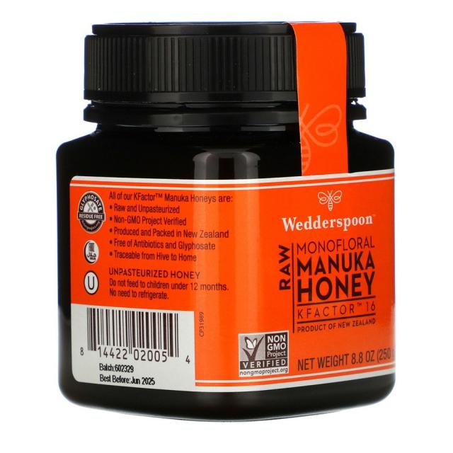 Wedderspoon Raw Monofloral Manuka Honey 웨더스푼 로우 단일화 마누카꿀 KFactor16 8.8oz(250g) 1개