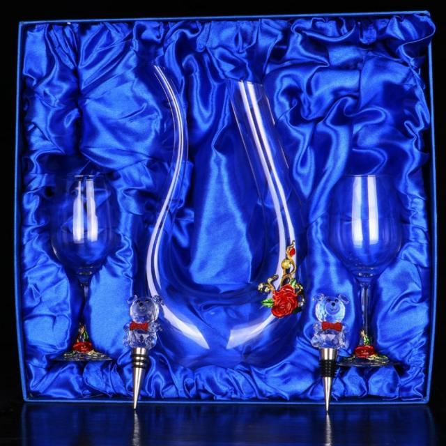 에나멜 장미 와인잔 샴페인 잔 스파클링 디켄터 세트 디캔터 디캔팅, 빨간 장미 컵 바디 컵 바닥 꽃 U 자형 5 점 세트ml