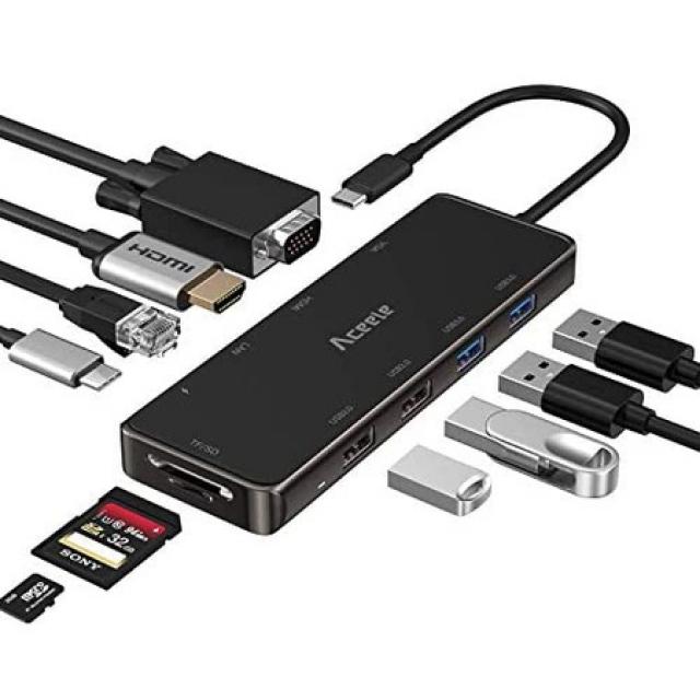 Aceele 4k hdmi vga 포트 rj45 이더넷 LAN 포트 sdt 카드 판독기 포트 4개 USB 포트 type-c 전원 공급, 상세 설명 참조0
