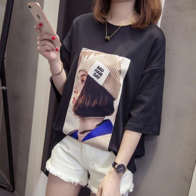 마마퀸 여성빅사이즈 라운드넥 비니시크소녀 프린팅 여름 티셔츠 빅사이즈반팔티셔츠