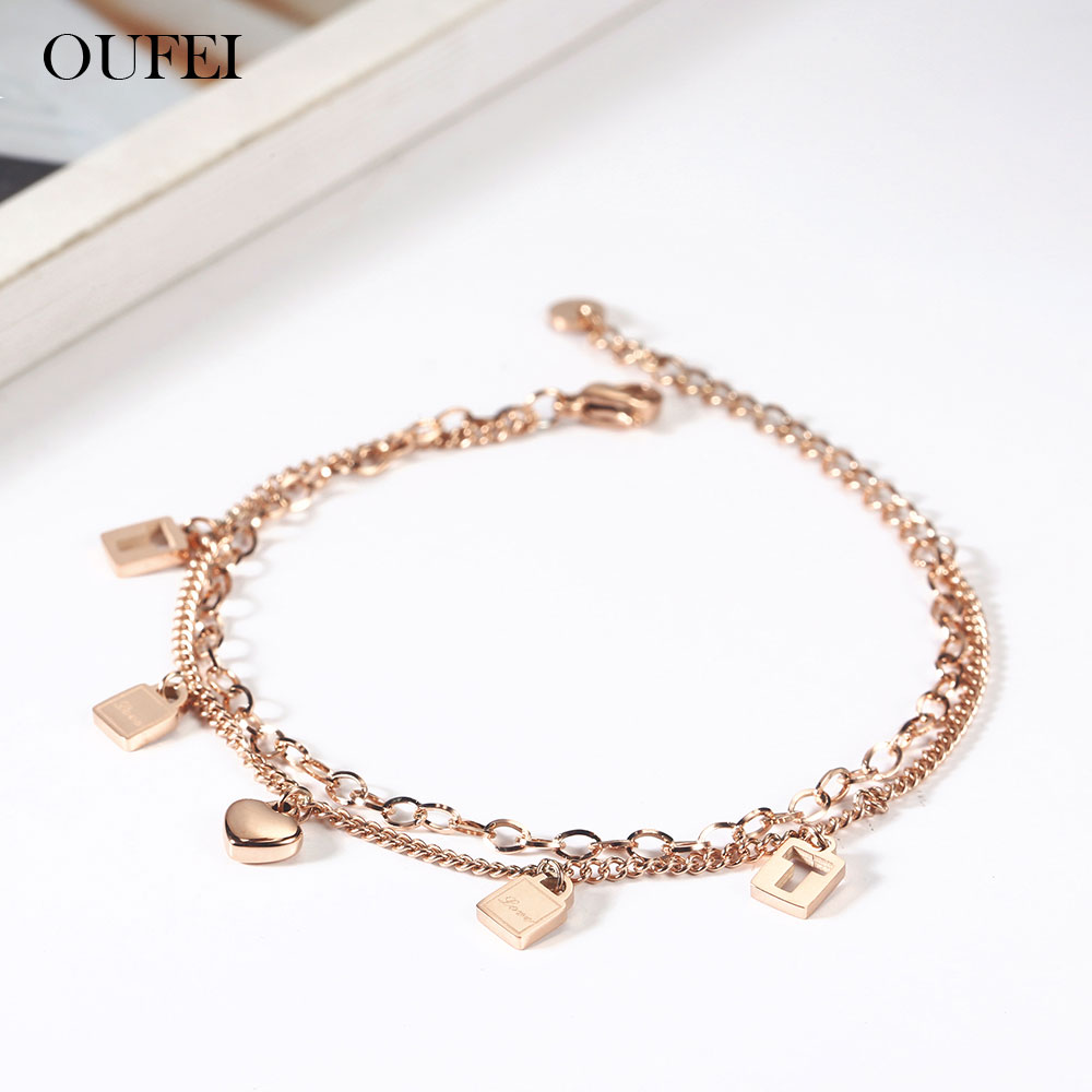 OUFEI 스테인레스 스틸 여성 쥬얼리 로즈 골드 계층화 된 팔찌 여성을위한 Bangles 패션 주얼리 액세서리 무료 배송|체인 & 링크 팔찌|