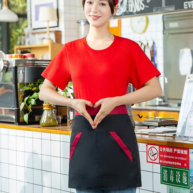 작업복 여름시즌 음식 종업원 짧은소매 T쾌재를 식당 호텔 바베큐 샤브샤브 단체 여성, C10-YL레드 상의추가 앞치마