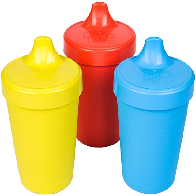 Re Play No Spill Sippy Cups 1 Piece Easy Clean Silicone Valves 미국 에코 우호적인 헤비급 재활용 우유 저그로 만든 것은 사실상 파괴할 수 없는 황색 하늘 청색 유아, 상세페이지 참조