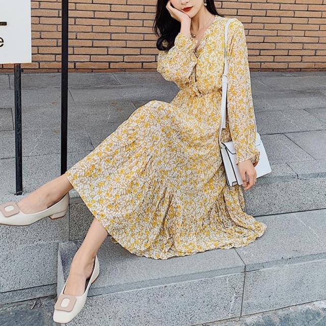 kirahosi 봄 여성 브이넥 쉬폰원피스 꽃무늬 미디 롱 원피스 + 덧신증정 CH4isr4l