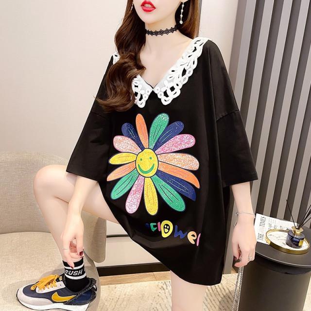 새로운 패션 티셔츠뚱뚱 mm 200근 여성복 레이스 v 칼라 반팔 티셔츠 살찌다 커지다 헐렁하다 날씬하다 반팔 상의 여름