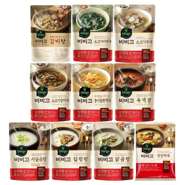 비비고 즉석국 탕 찌개 10종(갈비탕 + 소고기미역국 + 소고기무국 + 소고기장터국 + 콩나물황태국 + 육개장 + 사골곰탕 + 설렁탕 + 닭곰탕 + 된장찌개), 1세트