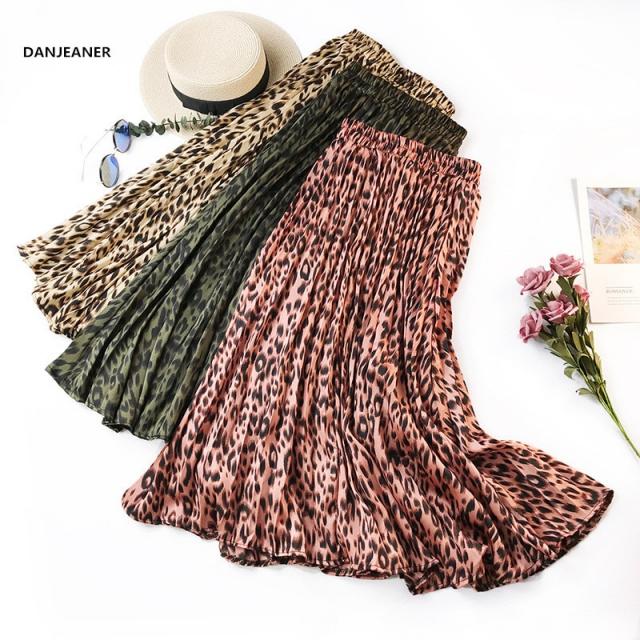 Danjeaner 레트로 레오파드 프린트 플리츠 스커트 여성 뉴 미디 롱 한국어 우아한 하이 웨이스트 a 라인 썬 스커트 여성 캐주얼
