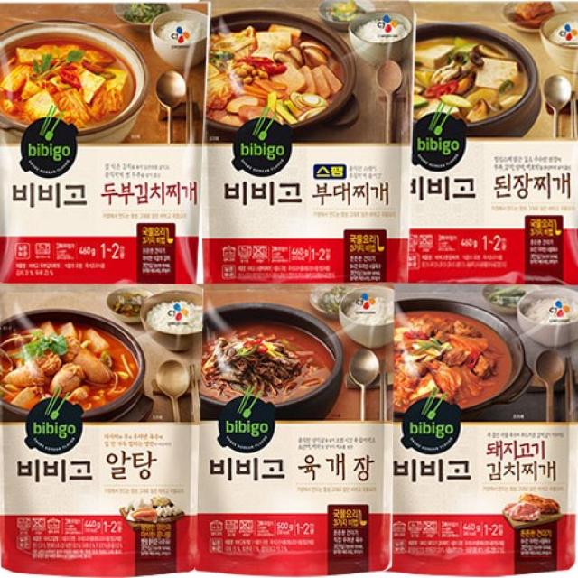 hj마켓 CJ 비비고 찌개 6종~된장찌개+감자탕+돼지고기김치찌개+두부김치찌개+육계장+알탕~1set 수요급증으로 구성품이 조금변경될수 있습니다., 1세트