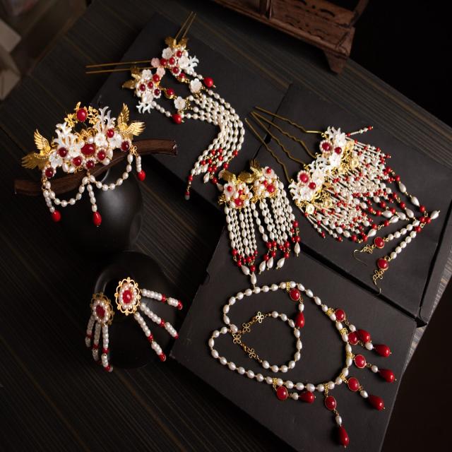 사극소품 중국풍 여왕 왕비 목걸이 한복 고풍 머리장식 오리지널 레드 세트 진주 태슬 흰나비 조가비