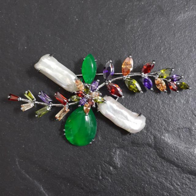 초코젬 담수진주 그린옥브로치(팬던트)M 옥 나뭇잎 담수진주 큐빅브로치