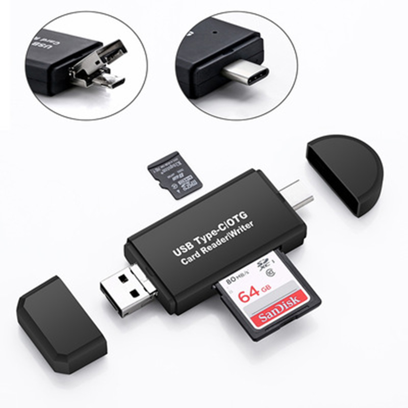 고속 유형 c & 마이크로 usb & usb 3 in 1 otg 카드 판독기 usb2.0 범용 otg tf/sd for android 컴퓨터 확장 헤더, 블랙