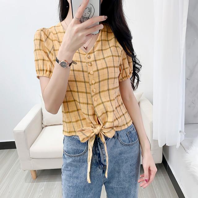 엠샵 핑크반팔셔츠 2020년 봄 여름 단복고풍 충돌 도색 체크 버블 소매 스트랩 조거 허리 v넥 상의