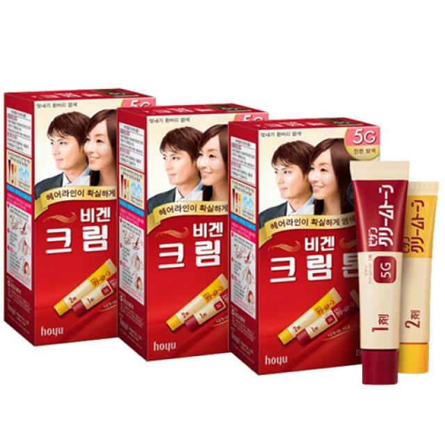 동아제약 비겐크림톤 바르는 새치 염색약 대용량(60g) 염모제, 5G 진한 밤색, 3개