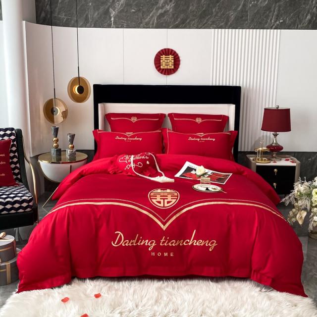 순면이불세트 100 즈 코튼 결혼기념일 4종 진홍 색 기쁘다 피 침대시트 이불커버 키트 자수 신혼 웨딩 18, 일생을 안정시키다.