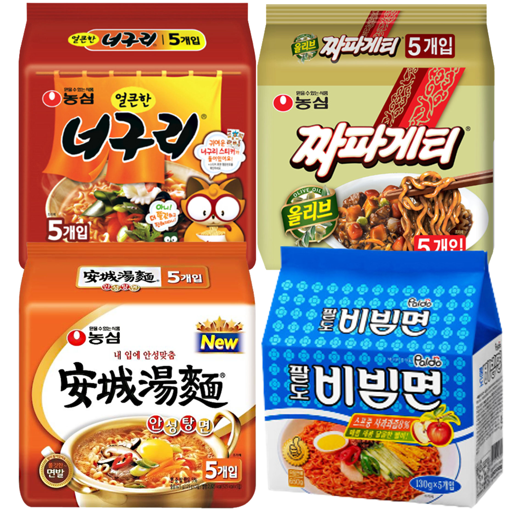 베스트상품 기획팩 너구리5p+짜파게티5p+안성탕면5p+팔도비빔면5p, 1세트