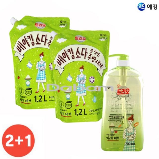 다봄마켓 [애경트리오]2+1구성!베이킹소다를 담은 주방세제 리필1.2L 2개+용기700ml 1개