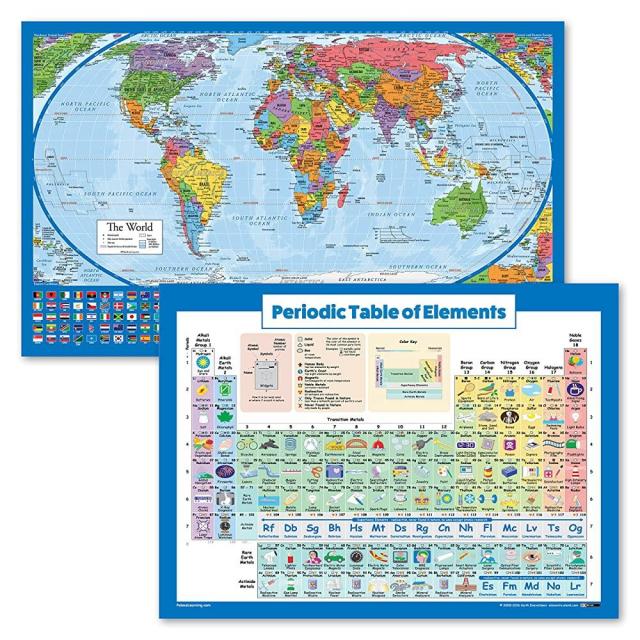 2팩 - 동등한 지구 블루 세계 및 아동용 원소 차트 주기율표 - 동등한 지구 지도 디자인은 실제 상대적 크기로 대륙을 보여줍니다. (라미네이트, 45.7cm x 73.7cm), LAMINATED
