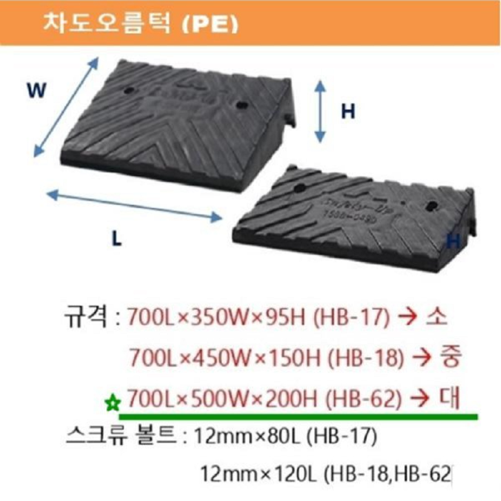 차량 진입판 보도 차도 자동차발판 오름턱 PE 상일HB17 700Lx500Wx200H 대형 상가 진출입 오름판 이동식 고정식 인도턱 블럭업 휠체어