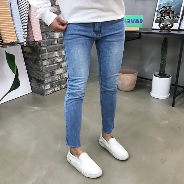 용된다 중청 워싱 데미지 밑단컷팅 남자 히든밴딩 청바지