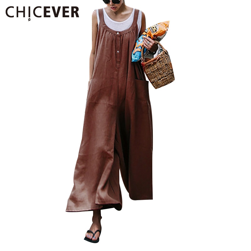 Chicever 멜빵 rompers womens jumpsuit 민소매 리넨 여름 오버올 패션 와이드 레그 팬츠 여성 바지 플러스 사이즈