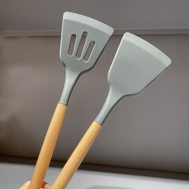 키친윙 코팅팬 전용 느티나무 손잡이 소프트 실리콘 볶기 빠뜨리다 다치지 않다 냄비 지지다 키트, 느티나무 나무 손잡이 실리콘삽 （2