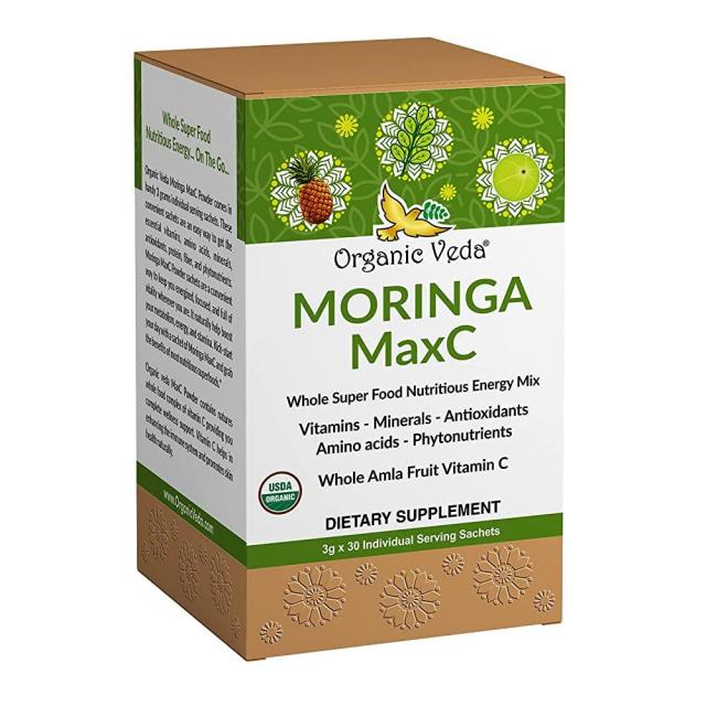 Organic Veda Moringa MaxC 슈퍼푸드 파우더 - USDA 유기농 슈퍼 푸드 비타민 C 에너지 믹스 모링가 암라 및 파인애플로 제작 3g x 30 개별 향 주머니, 단일상품