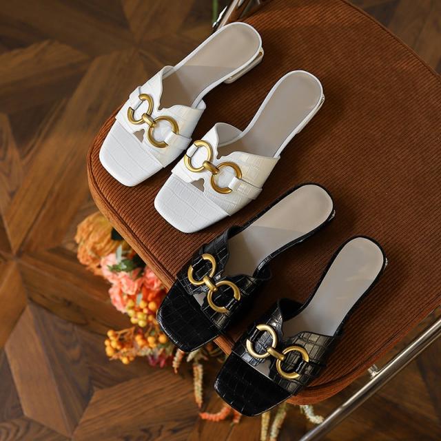 과소평가함 오리지널제작 우아한 리얼가죽 말꼬리를 물고 늘어지다 여성 여름 로우힐 캐쥬얼 빈백 일자 슬리퍼 슈즈