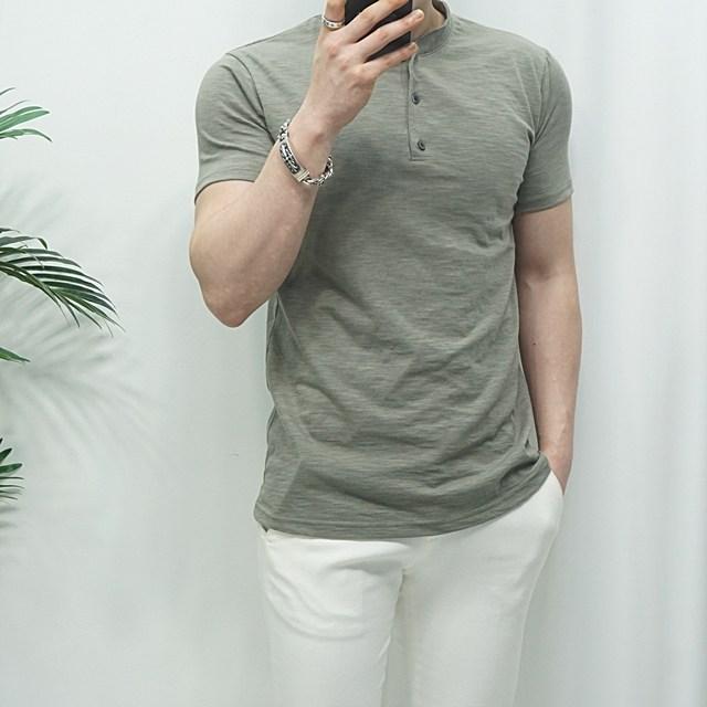 미꼬장 단독진행 남자 헨리넥 슬라브 봄여름 반팔 티셔츠 카키