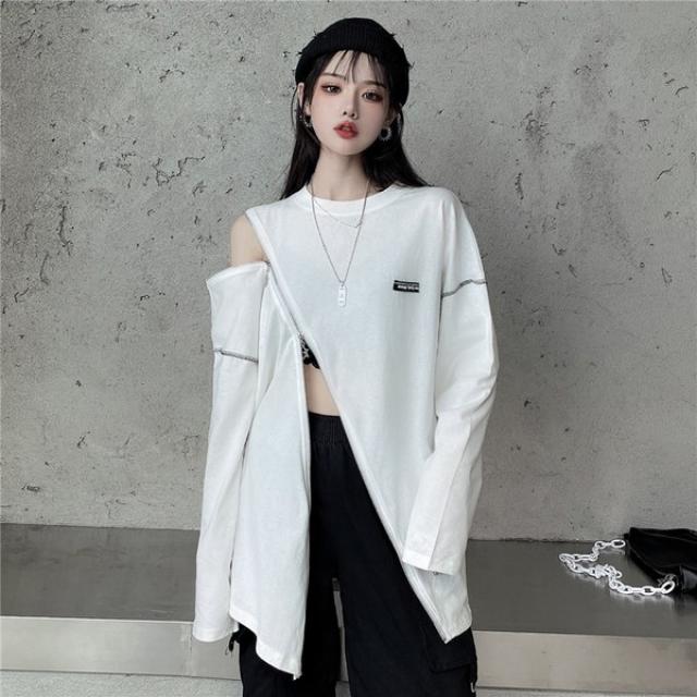 여자 새로운 가을 라운드 하프 루즈 지퍼 패션 잘 어울리는 디자인 길이감을 최고조까지 끌어올린 팔 티 셔츠 여성복 상의