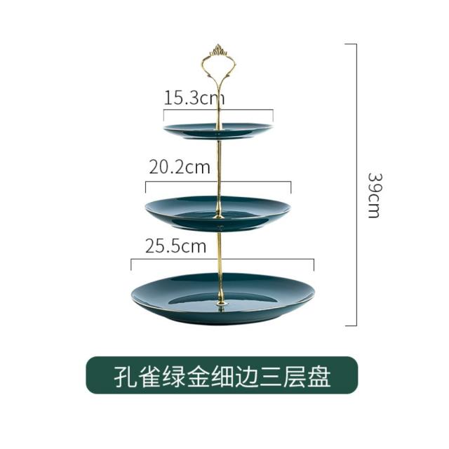 2단 3단 디저트 애프터눈티 트레이 도자기 과일 접시 거실 가정용 북유럽 풍차 그물 레드 더블 캔디, 말라카이트그린골드트리플플레이트{대+중+소}