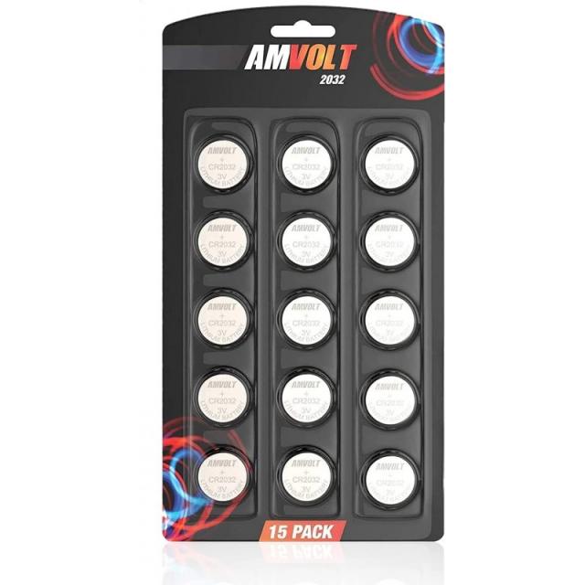 15팩 AmVolt CR2032 배터리 220mAh 3V 리튬 배터리 코인 버튼 셀 2023 만료일, 1