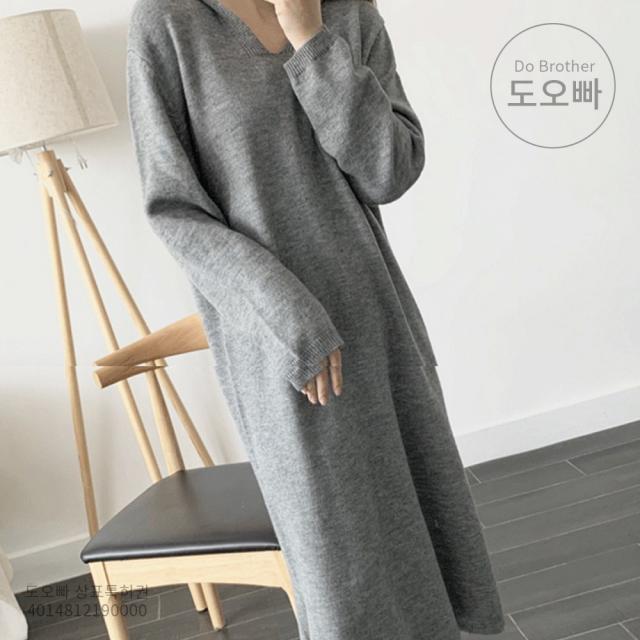 도오빠 여성 니트 원피스 롱원피스 후드 브이넥 여자원피스 빅사이즈 루즈핏 박시 니트원피스 긴팔 봄 가을 20대 30대 패션 데일리 캐주얼