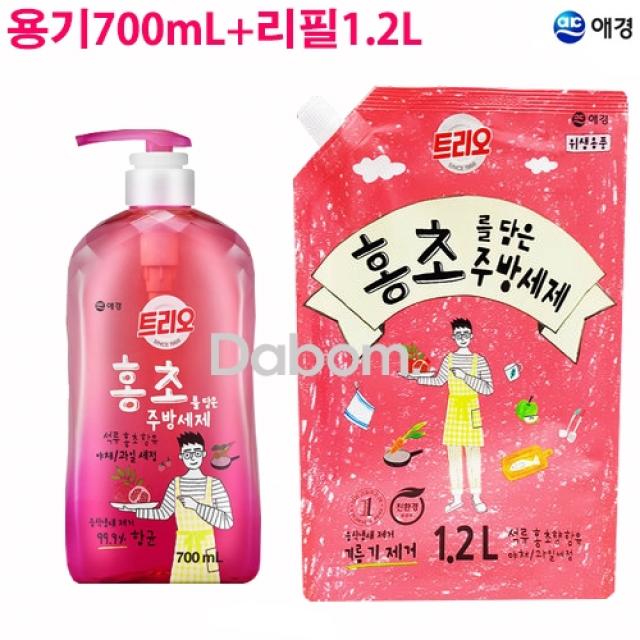 다봄마켓 [애경 트리오]야채 과일 세정ok~홍초를 담은 주방세제 용기700ml 1개+리필1.2L 1개, 1개