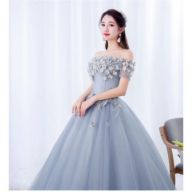 Ineymall QIANSHOU 그레이 오프숄더 플라워 벨드레스 특별한날 무대복 공연의상 연주회 시상식 드레스