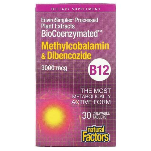 내츄럴 Factors BIOCOENZYMATED B12 Methylcobalamin & Dibencozide 3000 mcg 30 츄어블 씹는 타블렛