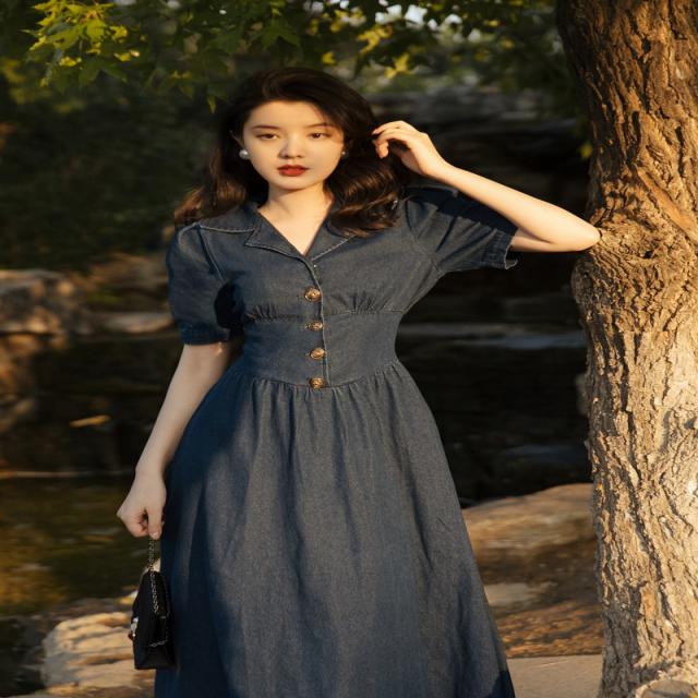 데님 원피스 하객룩 청치마 롱 핀턱 세련된 하이 무관심 스커트 프랑스 홍콩 허리