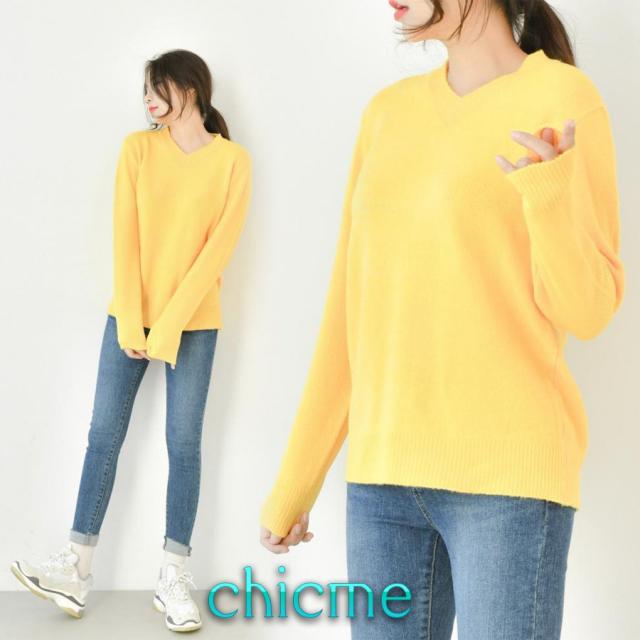 chicme 시크미 여성 브이넥 데일리 니트 티셔츠 긴팔