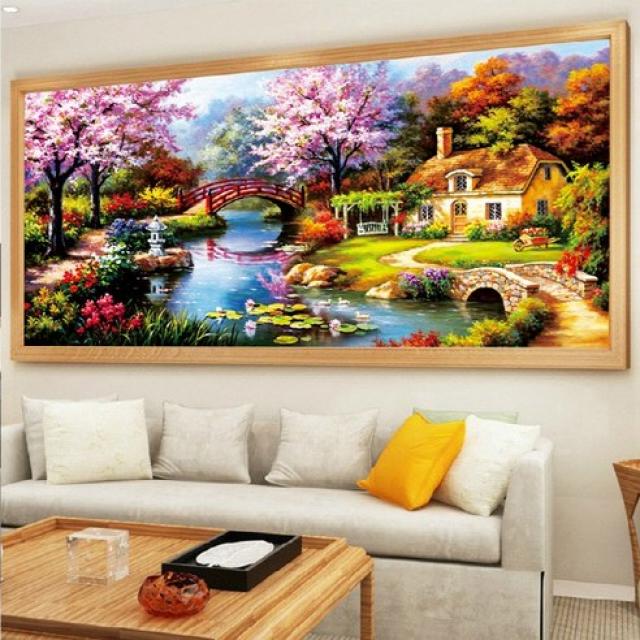 HZJL 산속집 풍경화 보석십자수, 03.120X60