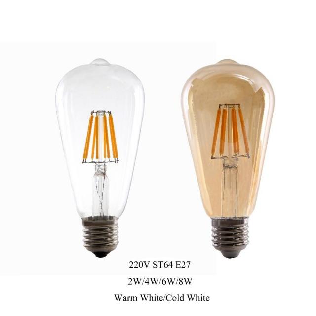 해외직구 2W 4W 6W 8W E27 LED 빛 ST64 LED 디 밍이 가능한 전구 레트로 에디슨 분명 앰버 커버 220V LED 필 라 멘, 220V 2W, Amber Cover