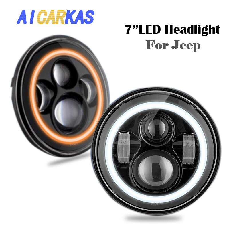 Aicarkas 화이트 링이있는 7 인치 led 헤드 라이트 천사 눈 앰버 턴 시그널 헤일로 지프 랭글러 랜드 로버 90/110 수비수, 1개