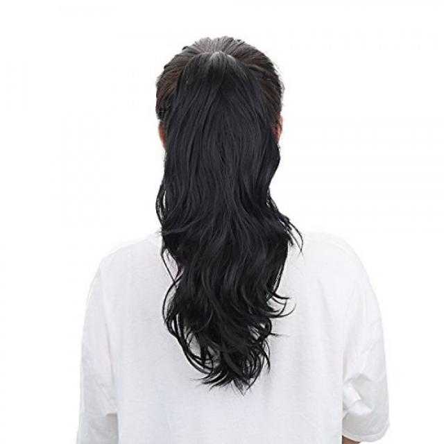 포인트 가발 포니 테일 긴 칼 클립 에쿠 보송 보송 부분 가발 클릭 머리 목덜미 가발 원터치 캐주얼 내열 (검은 색)