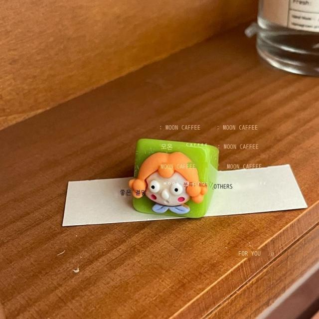 취미 수지 사각형 과장 반지 만화 귀엽다 괴상하다 얼굴 반지 소중하다 개성 중 검지 반지 붐