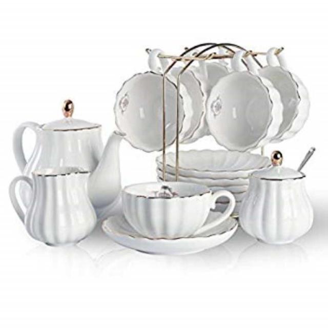 Porcelain Tea Sets British Royal Series 8 OZ Cups& Saucer Service for 6 with Teapot Sugar Bowl Cream Pitcher Teaspoons, 본문참고, Color = Display Stand