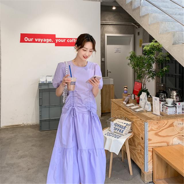 향긋한 토란 자줏빛 원피스 하 0년 프렌치 빈티지 버블 소매 셔링 스트링 도라지 스커트