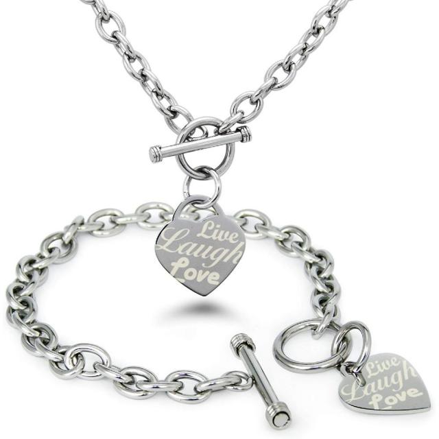 티오 니어 스테인레스 스틸 라이브 웃음 사랑 새겨진 하트 태그 매력 팔찌 & 목걸이 세트