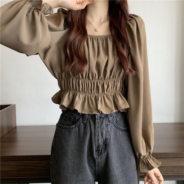 프렌치 쇄골 네모난 칼라 주름 셔츠 여성 디자인 감각 소량 허리 걷기 배꼽 특이하다 짧은 상의에 하이웨이스트 팬츠