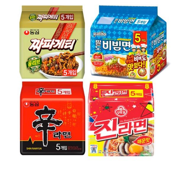 봉지라면 세트 (신라면 5P + 진라면 매운맛 5P + 짜파게티 5P + 팔도비빔면 5P), 1세트