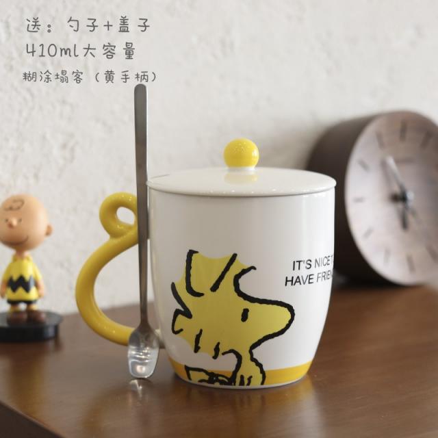 늘품 큐트 스누피 도자기컵 소녀 머그컵 있음 뚜껑 스푼 물컵 우유컵, 망령되니 망연자실 송개 숟가락